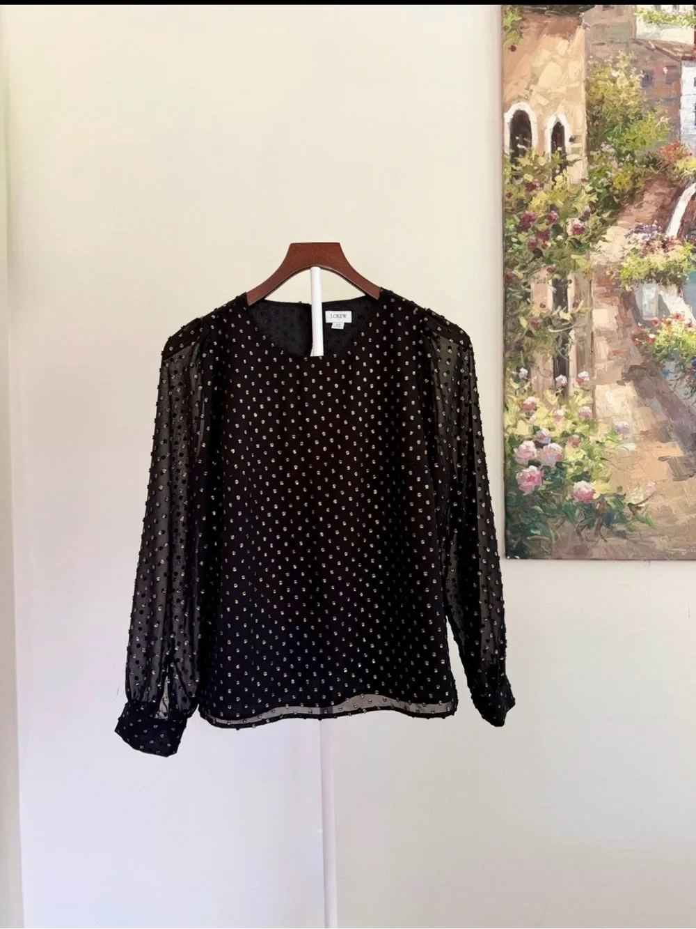 J.Crew Gold Clip Dot Sheer Sleeve Black XS Party Office Blouse Top
